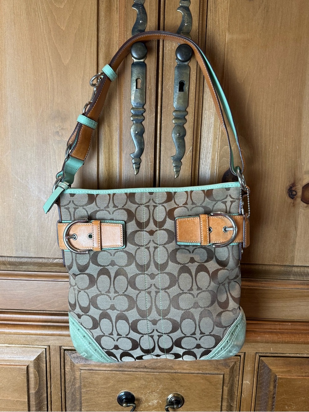 Vintage Coach Soho Signature Canvas Mint Suede Buckle Convertible Bag Style 1487